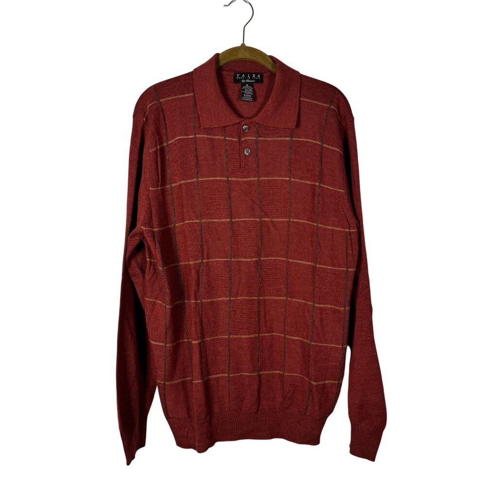 Valda Mens Red Windowpane Long Sleeve Polo Sweater in Size M Made in Italy